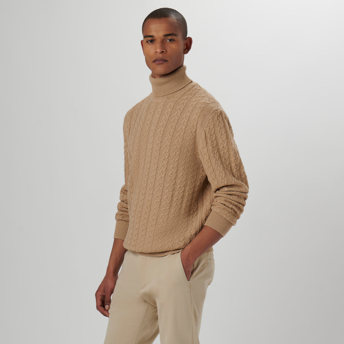 Bugatchi Solid Cable Turtleneck Sweater Camel S