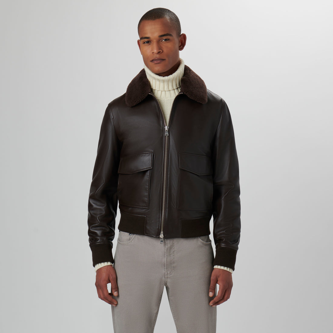 Leather Bomber Jacket with Removable Shearling Collar