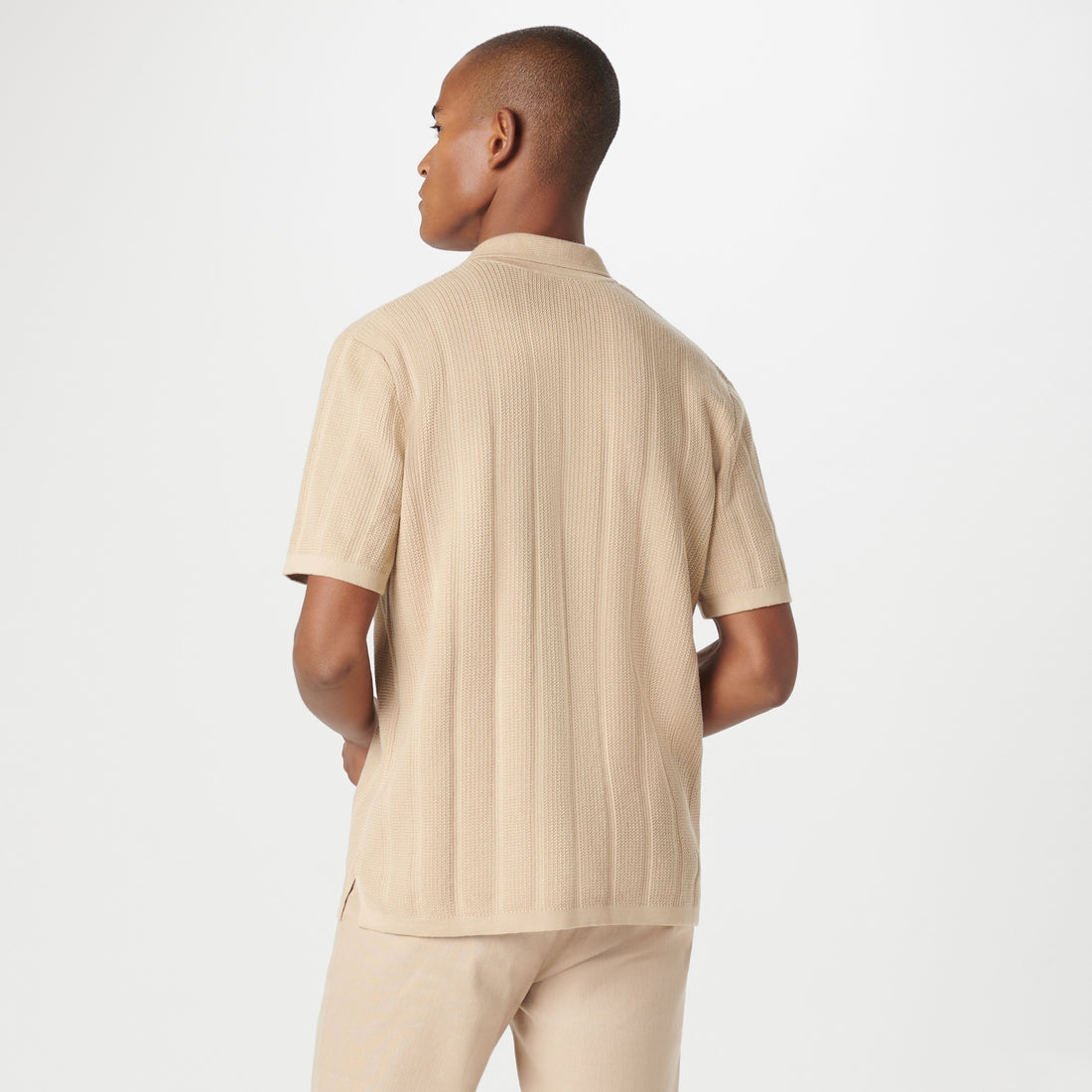 Waffle Rib Full Button Short Sleeve Polo Sweater