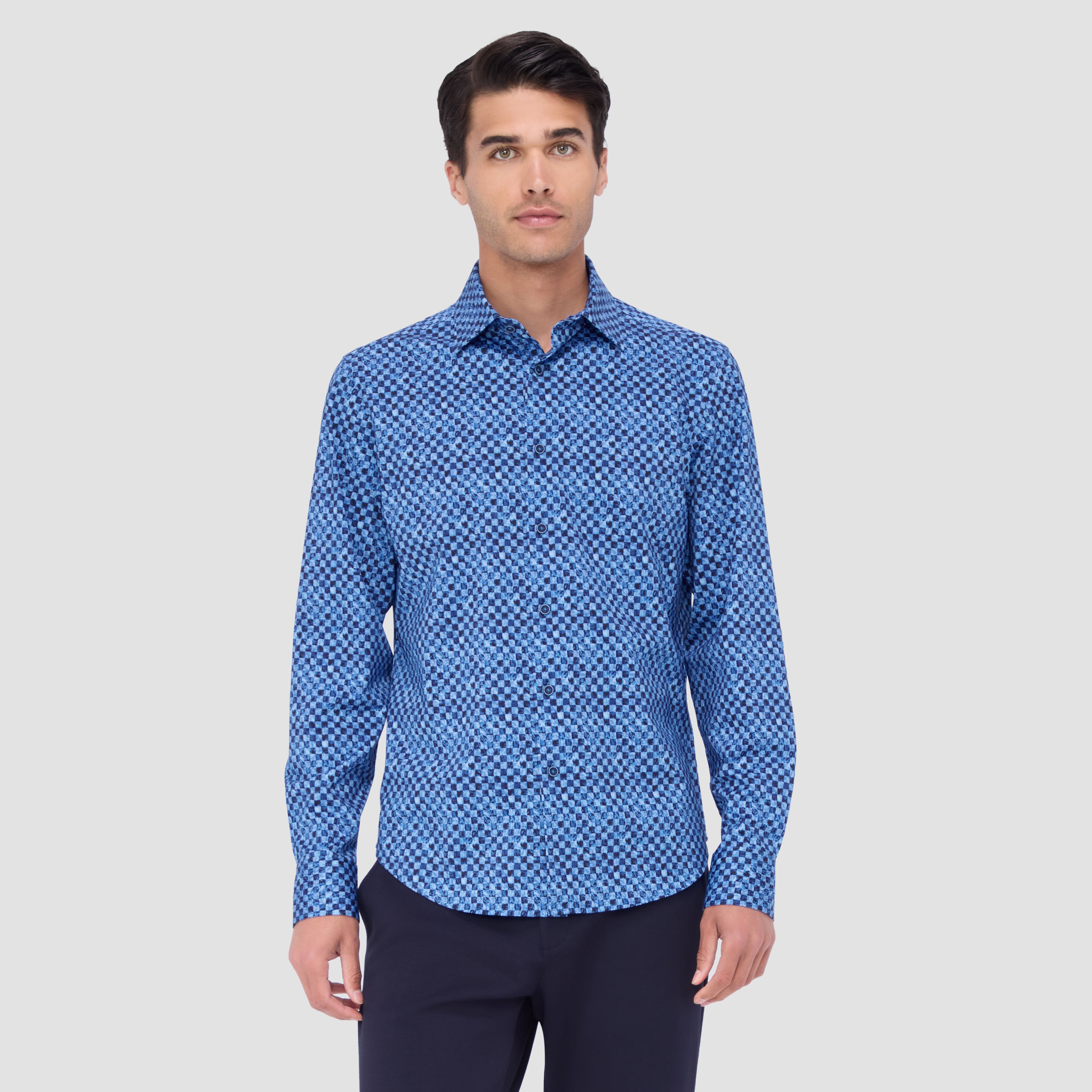 Bugatchi James Checkerboard OoohCotton Shirt Classic Blue XXL