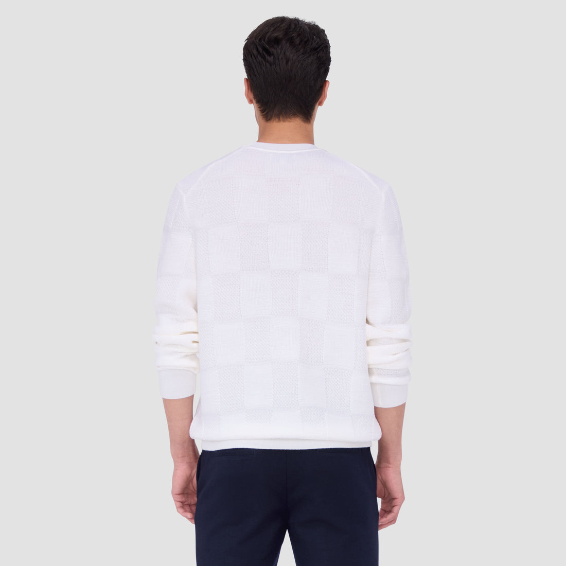 Multi-Stitch Check Jacquard Crew Neck Sweater