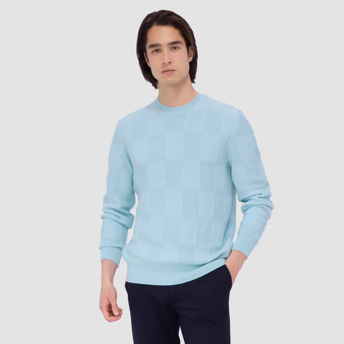 Multi-Stitch Check Jacquard Crew Neck Sweater