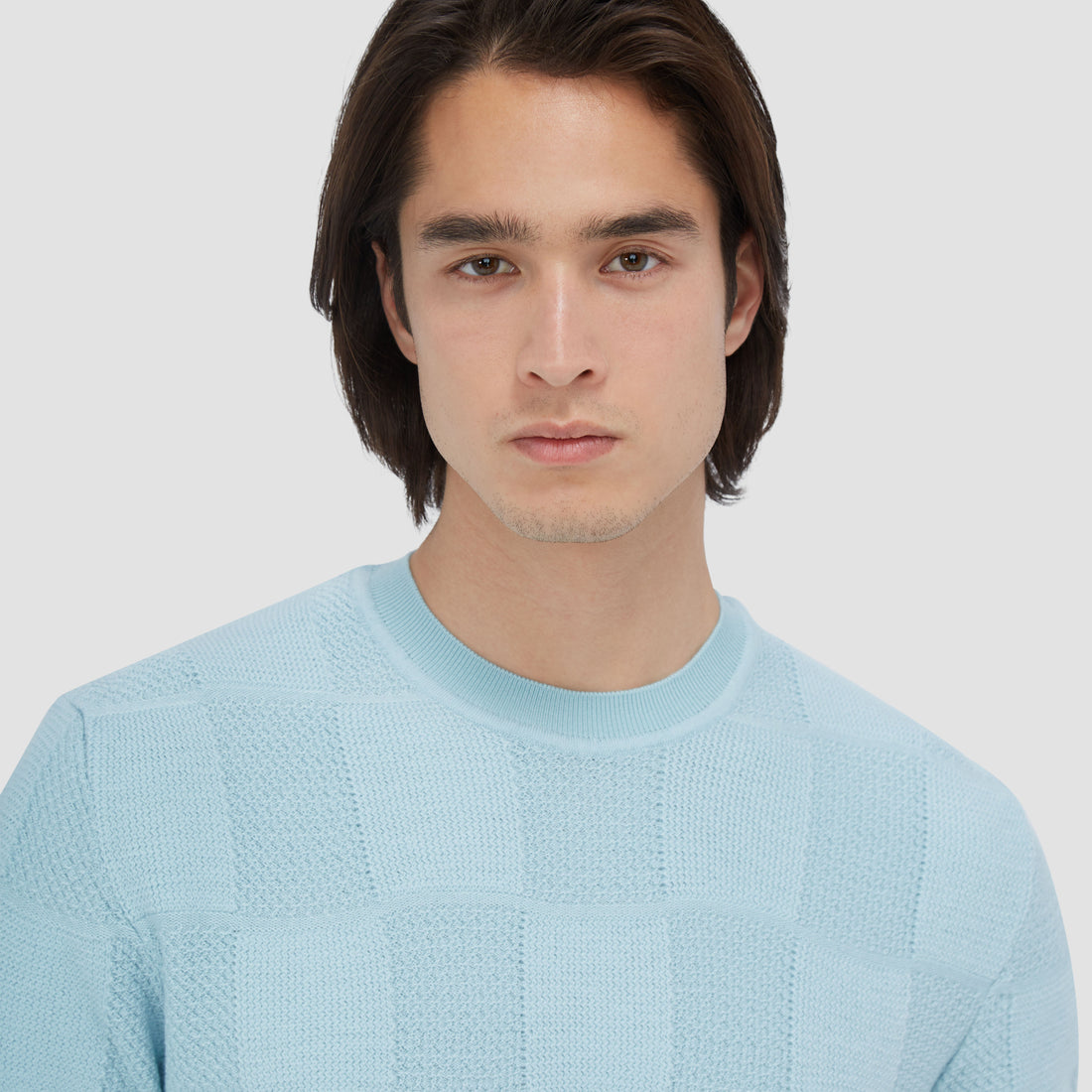 Multi-Stitch Check Jacquard Crew Neck Sweater