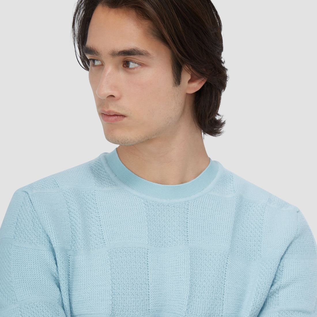 Multi-Stitch Check Jacquard Crew Neck Sweater