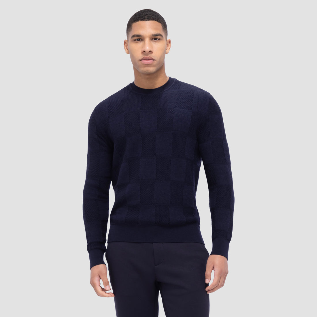 Multi-Stitch Check Jacquard Crew Neck Sweater