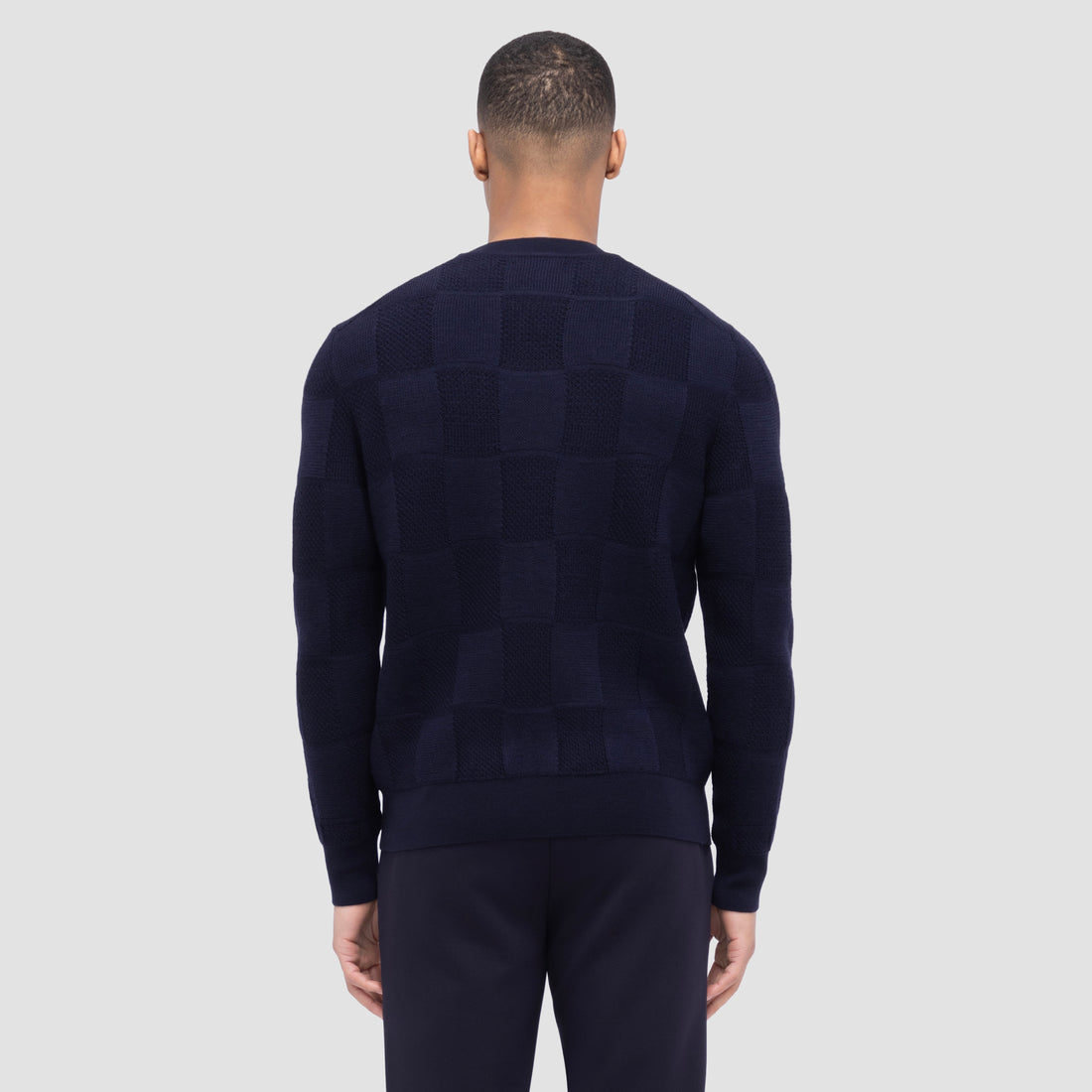 Multi-Stitch Check Jacquard Crew Neck Sweater