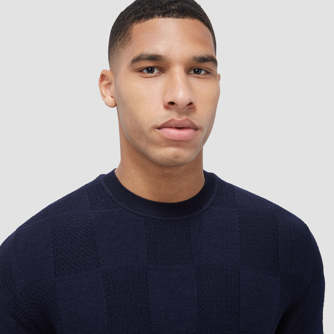 Multi-Stitch Check Jacquard Crew Neck Sweater