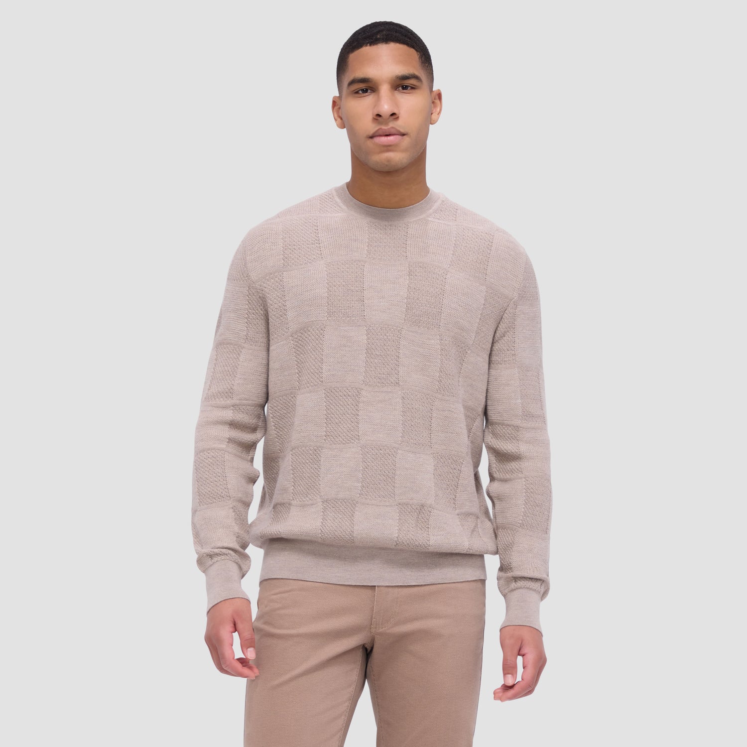 Multi-Stitch Check Jacquard Crew Neck Sweater