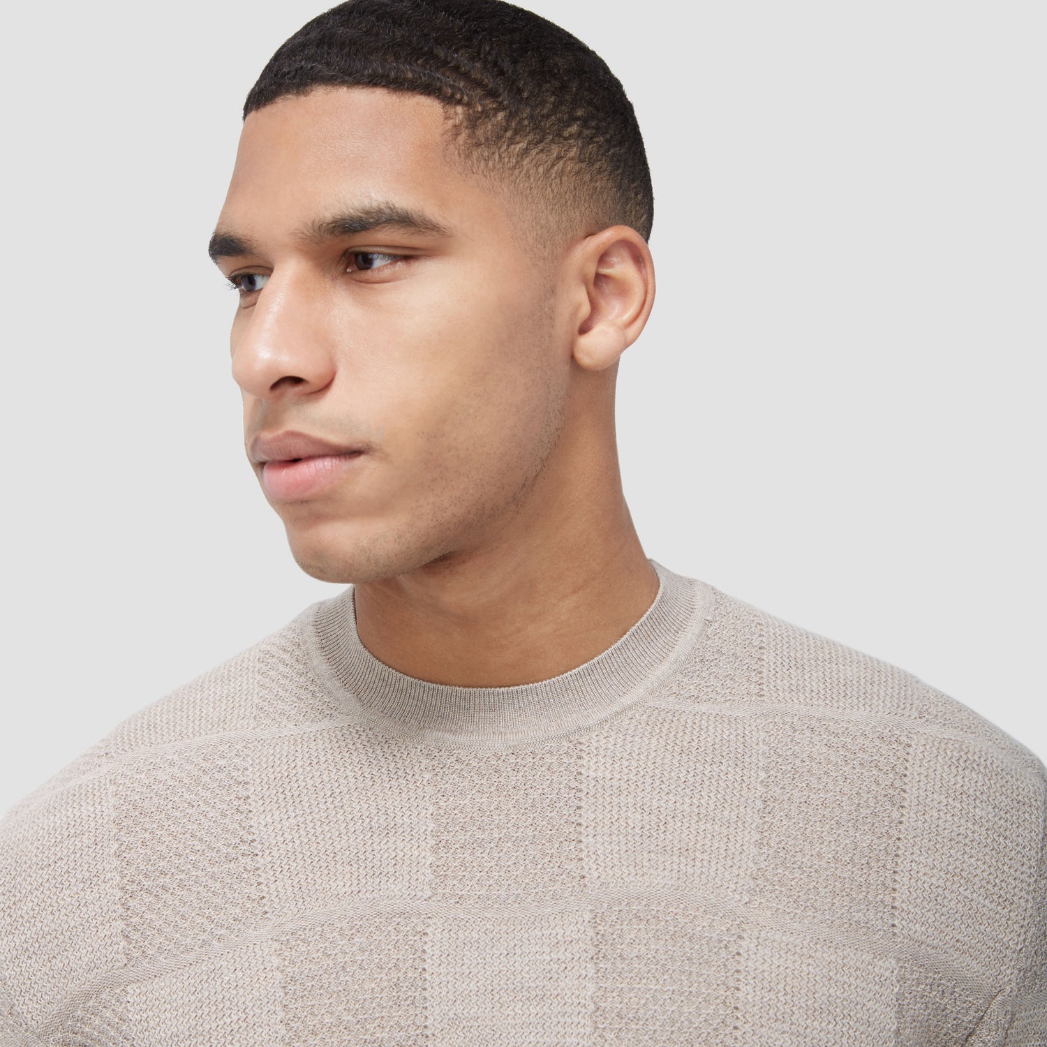 Multi-Stitch Check Jacquard Crew Neck Sweater