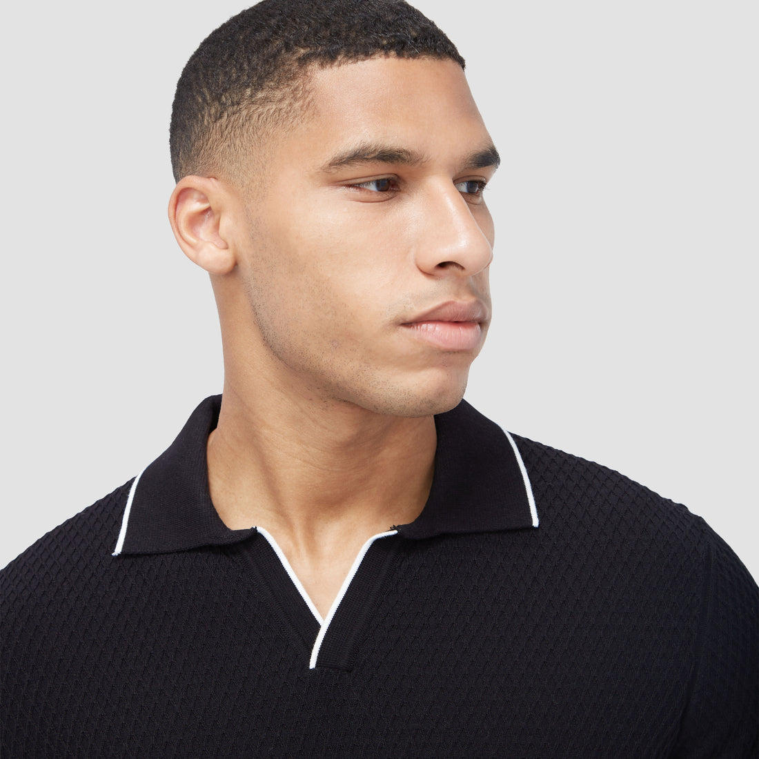 Honeycomb Stitch Short-Sleeved Johnny Collar Sweater