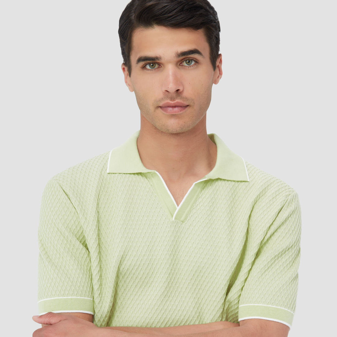 Honeycomb Stitch Short-Sleeved Johnny Collar Sweater