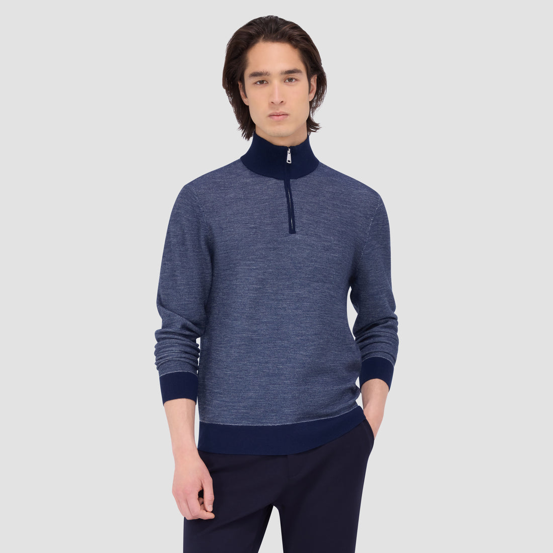 Bird's Eye Jacquard Quarter-Zip Mock Neck Sweater