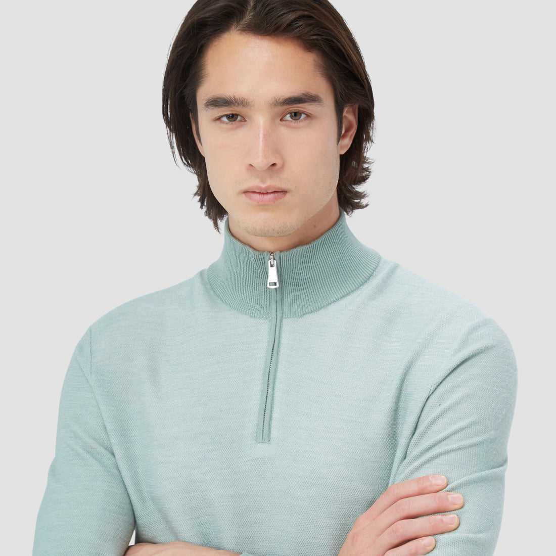 Bird's Eye Jacquard Quarter-Zip Mock Neck Sweater