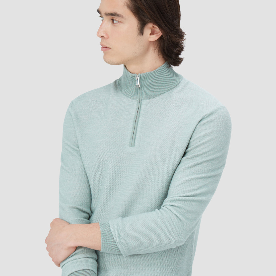 Bird's Eye Jacquard Quarter-Zip Mock Neck Sweater