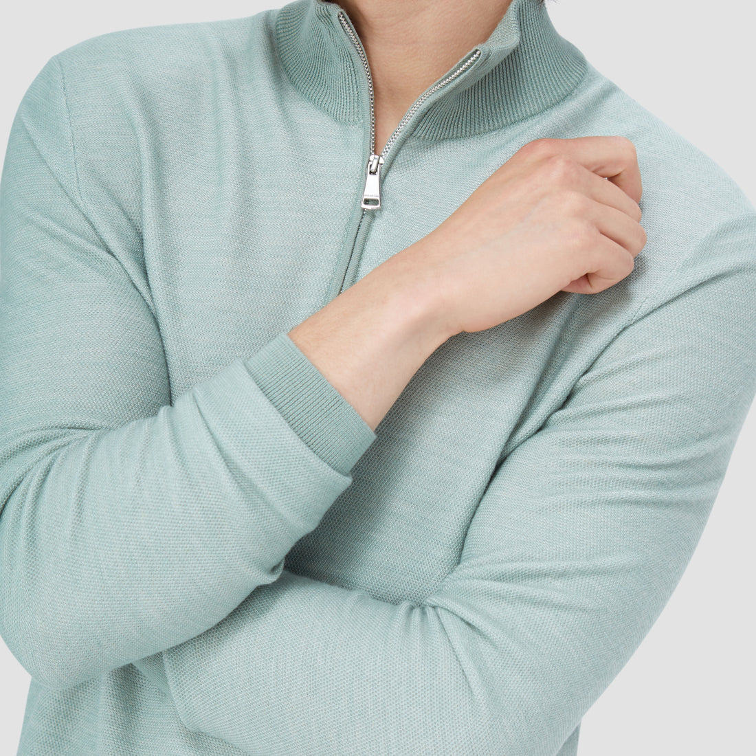 Bird's Eye Jacquard Quarter-Zip Mock Neck Sweater