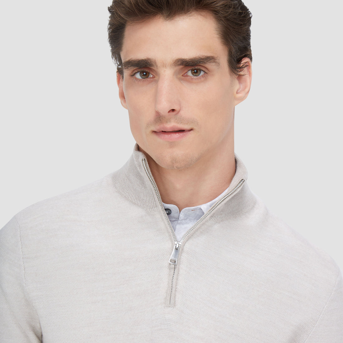 Bird's Eye Jacquard Quarter-Zip Mock Neck Sweater