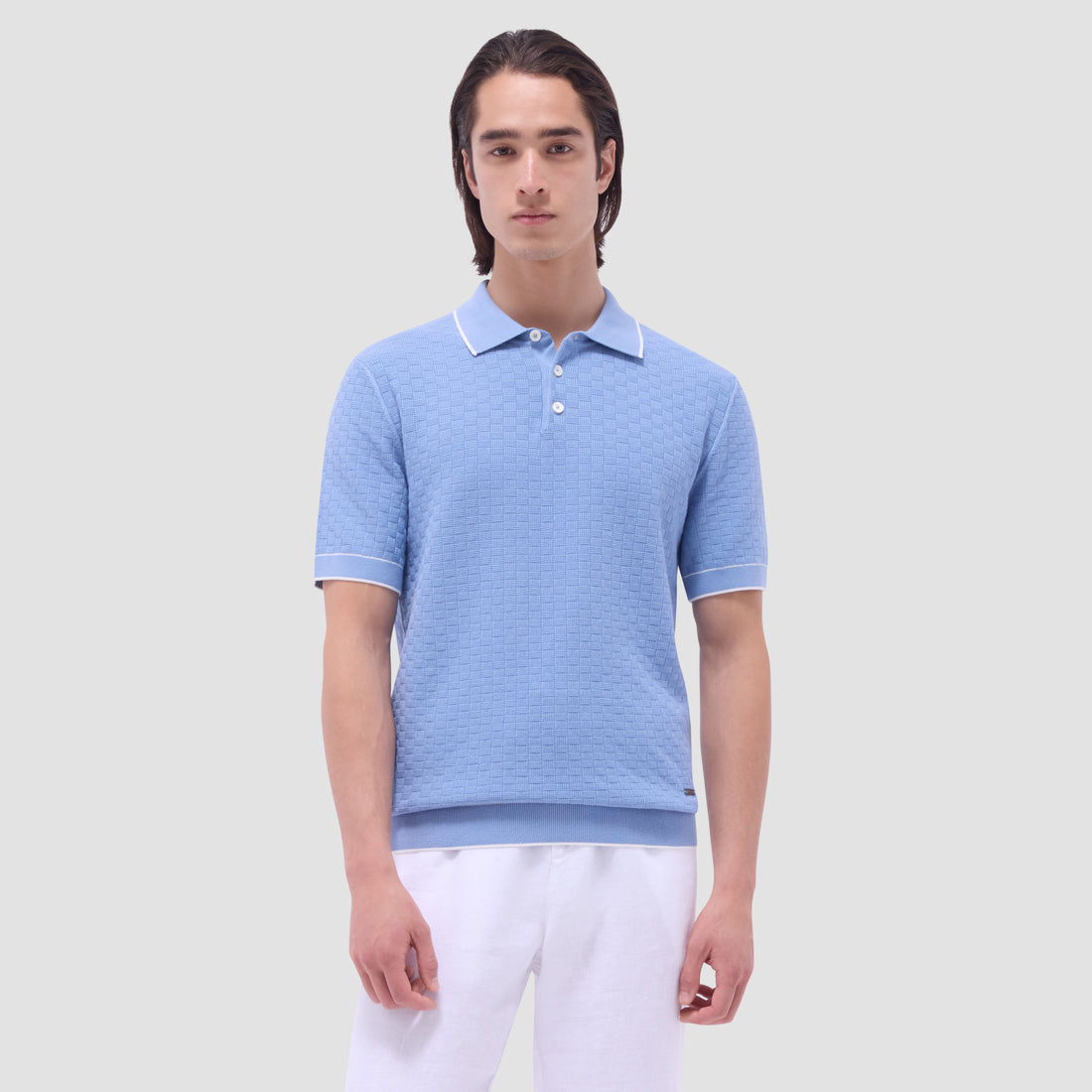 Basket Stitch Three Button Polo Sweater