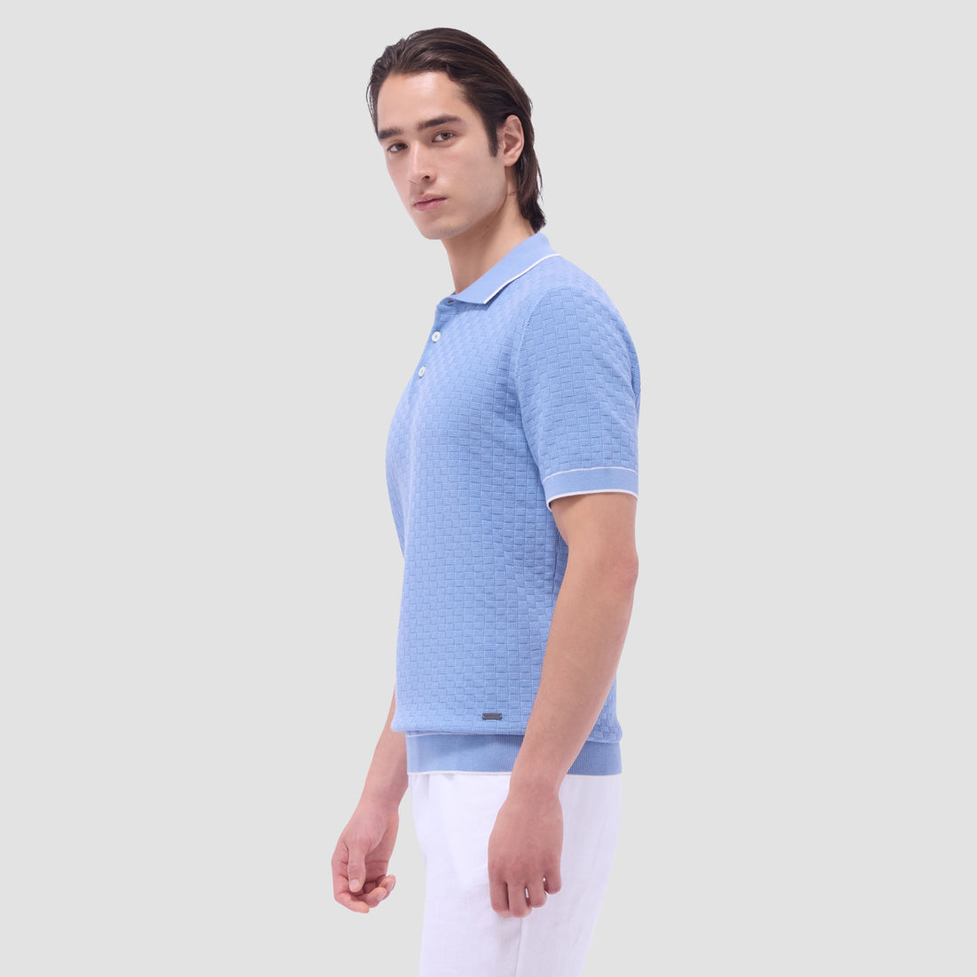 Basket Stitch Three Button Polo Sweater