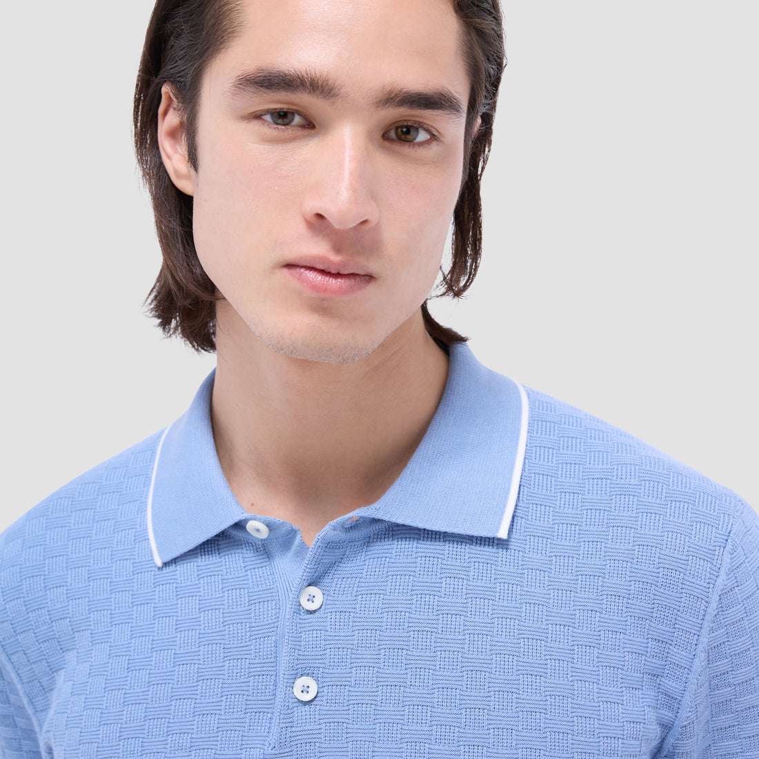 Basket Stitch Three Button Polo Sweater