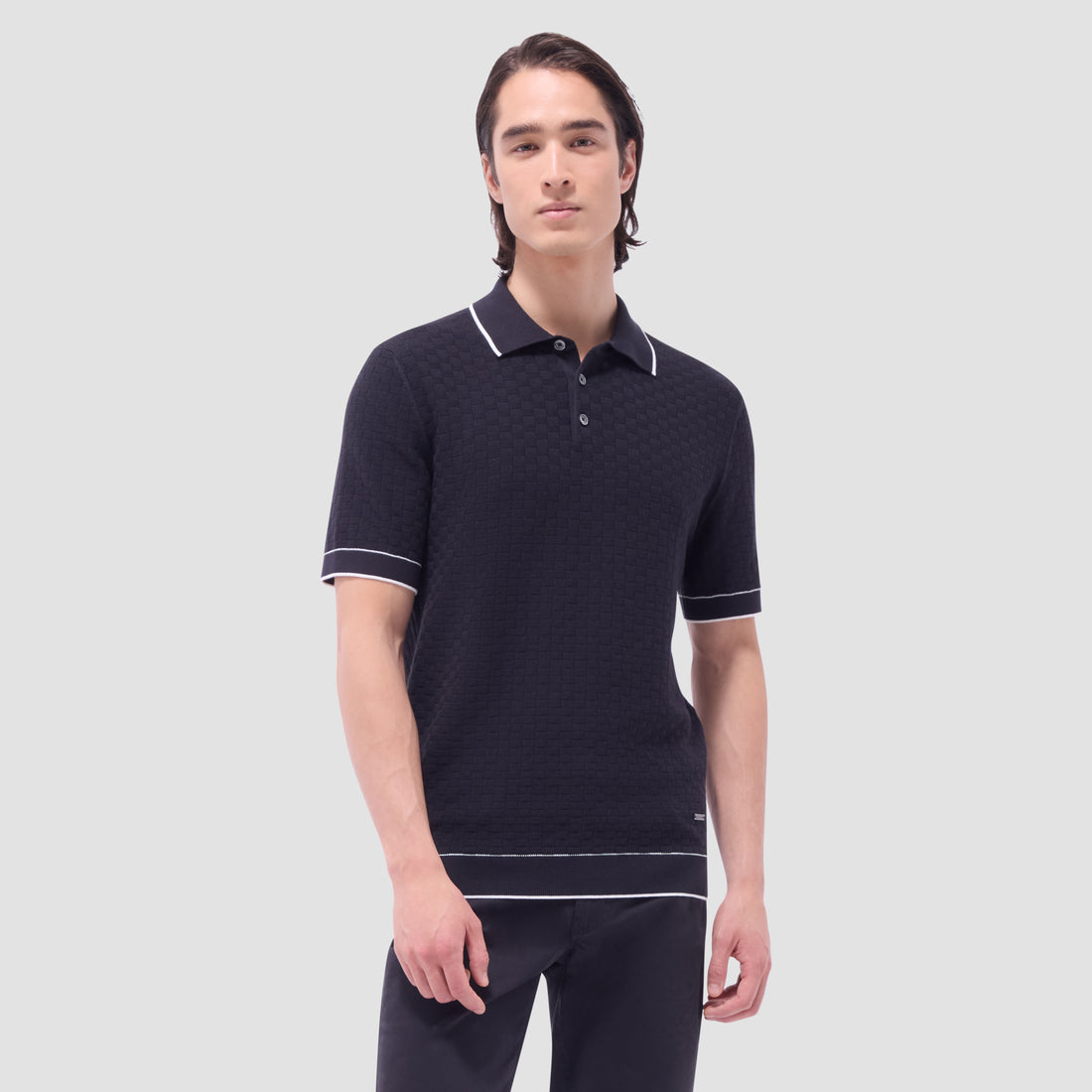 Basket Stitch Three Button Polo Sweater