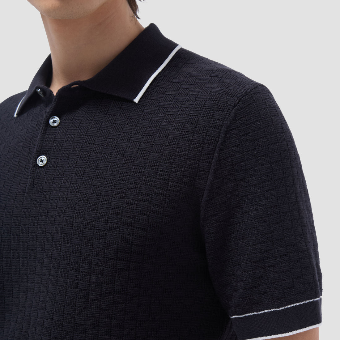 Basket Stitch Three Button Polo Sweater